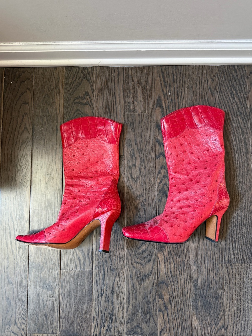 Red Women's Mid-Calf Textured Leather Heeled Boots